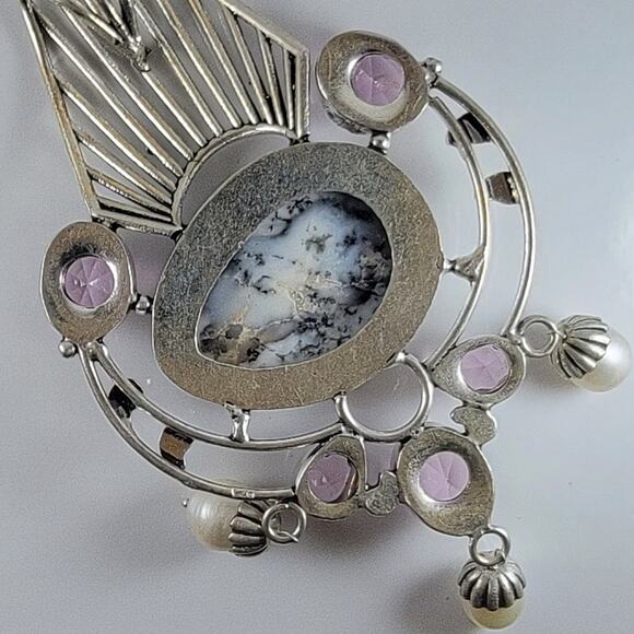 Dendritic Opal Pink Gemstone Pearl Pendant 3" Sterling Silver Jewelry - Picture 6 of 9